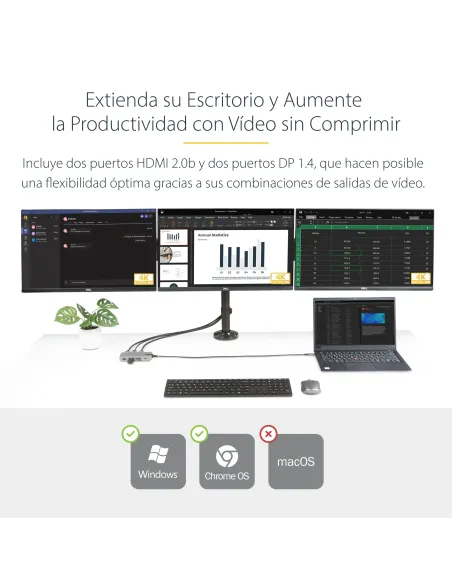 StarTech.com Adaptador Multipuertos USB-C para 3 Monitores - 4K 60Hz Doble + HDMI y DisplayPort 4K 30Hz - Hub USB de 3 Puertos