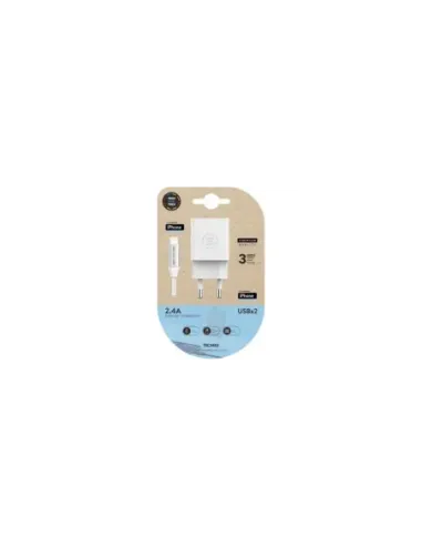 Cargador de Pared Tech One Tech TEC2402/ 2xUSB + Cable Lightning/ 12W/ Blanco