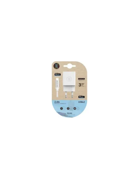 Cargador de Pared Tech One Tech TEC2402/ 2xUSB + Cable Lightning/ 12W/ Blanco