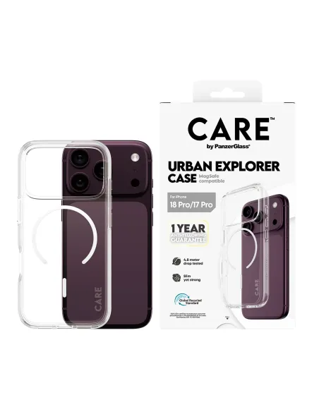 PanzerGlass CARE™ by ® Urban Explorer Case Transparent w. White MagSafe iPhone 18 Pro | 17 Pro funda para teléfono móvil