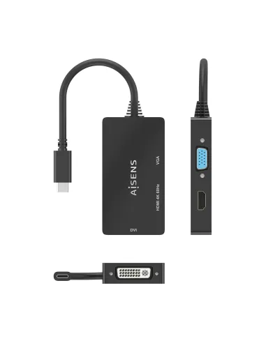 AISENS Conversor USB-C A DVI HDMI VGA, USB-C M-DVI H-HDMI H-VGA H, Negro, 15cm