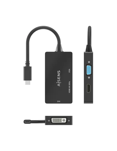 AISENS Conversor USB-C A DVI HDMI VGA, USB-C M-DVI H-HDMI H-VGA H, Negro, 15cm