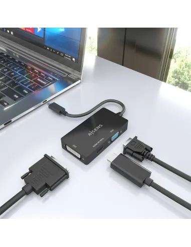 AISENS Conversor USB-C A DVI HDMI VGA, USB-C M-DVI H-HDMI H-VGA H, Negro, 15cm