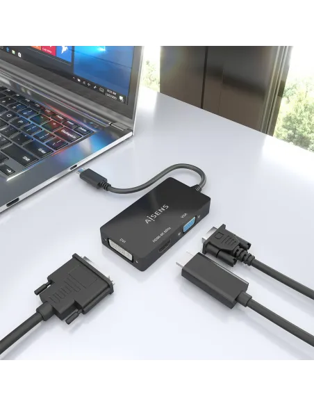 AISENS Conversor USB-C A DVI HDMI VGA, USB-C M-DVI H-HDMI H-VGA H, Negro, 15cm
