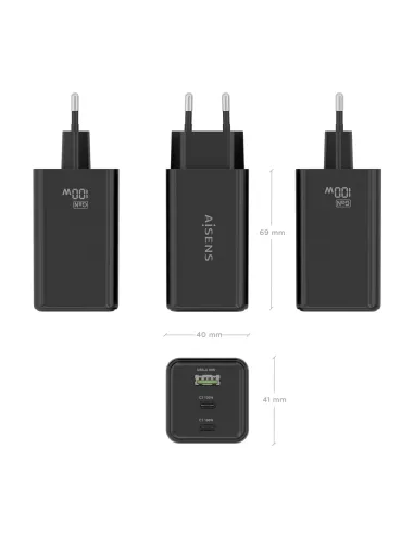 AISENS Cargador GaN 100W, 2x USB-C PD3.0 QC4.0 QC5.0, 1x USB-A QC3.0, Negro