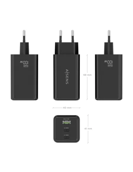 AISENS Cargador GaN 100W, 2x USB-C PD3.0 QC4.0 QC5.0, 1x USB-A QC3.0, Negro
