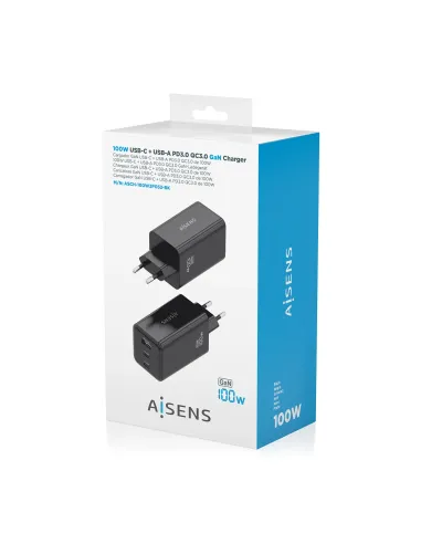 AISENS Cargador GaN 100W, 2x USB-C PD3.0 QC4.0 QC5.0, 1x USB-A QC3.0, Negro