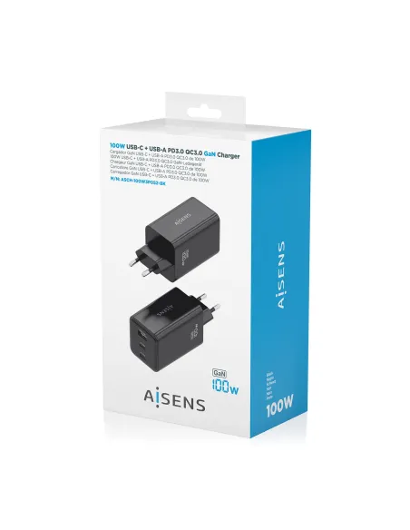AISENS Cargador GaN 100W, 2x USB-C PD3.0 QC4.0 QC5.0, 1x USB-A QC3.0, Negro