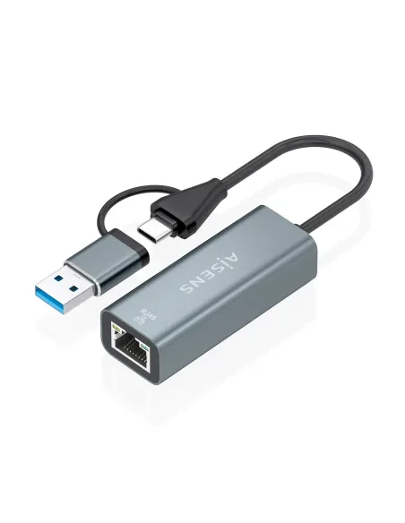 AISENS Conversor USB3.2 Gen1 USB-A+USB-C A Ethernet Gigabit 10 100 1000 Mbps, Gris, 15cm