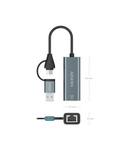 AISENS Conversor USB3.2 Gen1 USB-A+USB-C A Ethernet Gigabit 10 100 1000 Mbps, Gris, 15cm