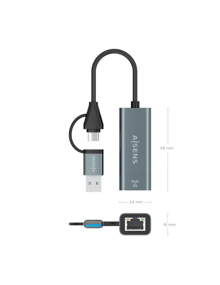 AISENS Conversor USB3.2 Gen1 USB-A+USB-C A Ethernet Gigabit 10 100 1000 Mbps, Gris, 15cm