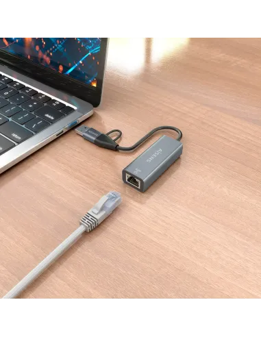 AISENS Conversor USB3.2 Gen1 USB-A+USB-C A Ethernet Gigabit 10 100 1000 Mbps, Gris, 15cm