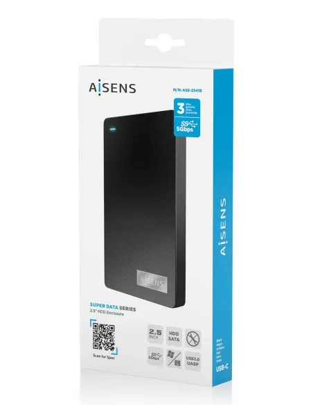 AISENS Caja Externa 2,5″ 9.5mm SATA a USB-C USB3.1 Gen1, Negra