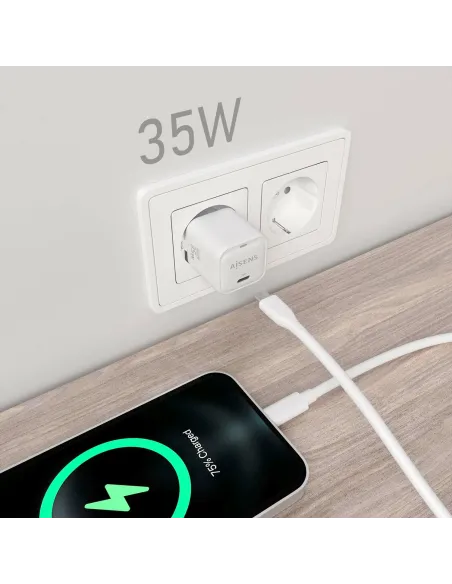 AISENS Cargador GaN 35W, 1xUSB-C PD3.0 QC4.0, Blanco