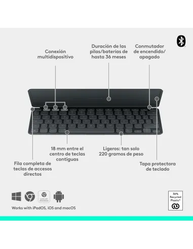 Logitech Keys-To-Go 2, teclado inalámbrico portátil para iPad con tapa integrada, estilizado y compacto, para iPad, iPhone, Mac
