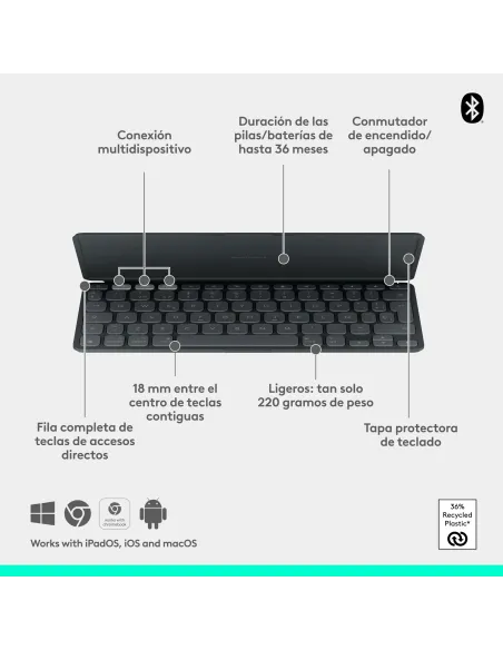 Logitech Keys-To-Go 2, teclado inalámbrico portátil para iPad con tapa integrada, estilizado y compacto, para iPad, iPhone, Mac