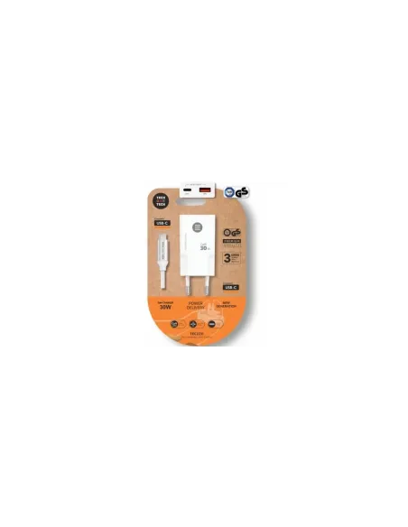 Cargador de Pared Tech One Tech TEC2231/ 1xUSB Tipo-C/ 1xUSB + Cable USB Tipo-C/ 30W/ Blanco