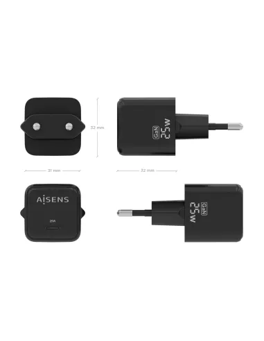 AISENS Cargador GaN 25W, 1xUSB-C PD3.0 QC4.0, Negro