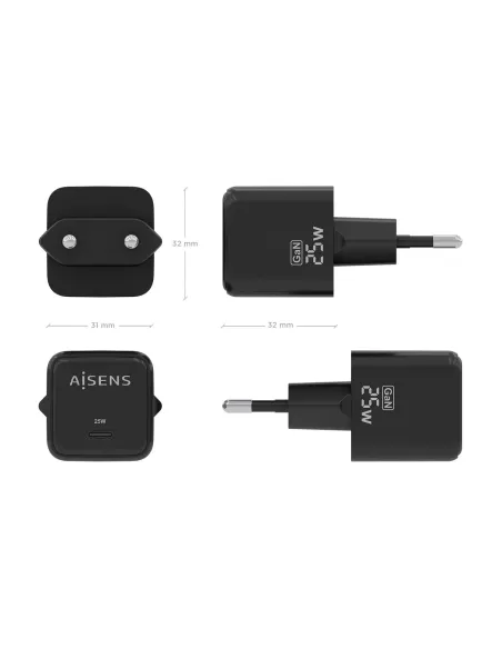 AISENS Cargador GaN 25W, 1xUSB-C PD3.0 QC4.0, Negro