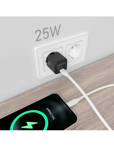 AISENS Cargador GaN 25W, 1xUSB-C PD3.0 QC4.0, Negro