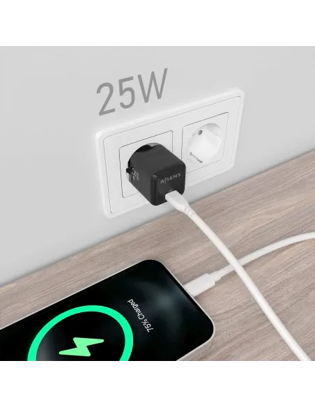 AISENS Cargador GaN 25W, 1xUSB-C PD3.0 QC4.0, Negro