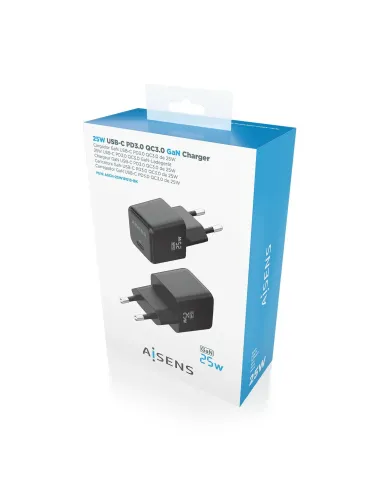 AISENS Cargador GaN 25W, 1xUSB-C PD3.0 QC4.0, Negro