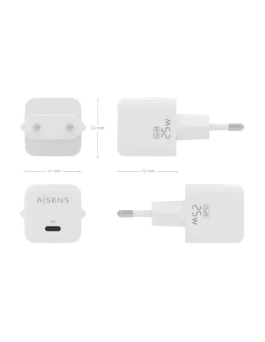 AISENS Cargador GaN 25W, 1xUSB-C PD3.0 QC4.0, Blanco