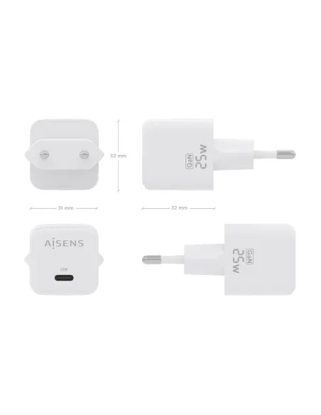 AISENS Cargador GaN 25W, 1xUSB-C PD3.0 QC4.0, Blanco