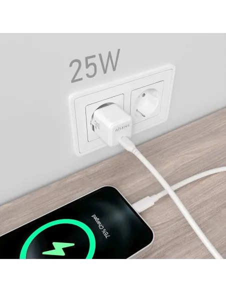AISENS Cargador GaN 25W, 1xUSB-C PD3.0 QC4.0, Blanco