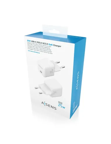 AISENS Cargador GaN 25W, 1xUSB-C PD3.0 QC4.0, Blanco