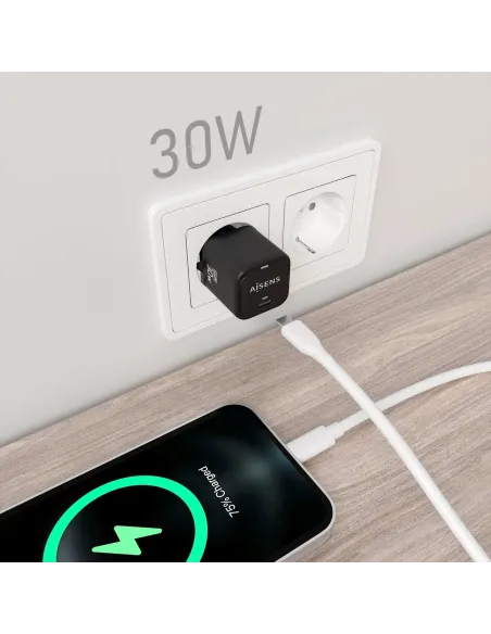 AISENS Cargador Gan 30W, 1xUSB-C PD3.0 QD4.0, Negro