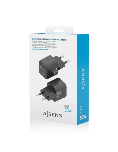 AISENS Cargador Gan 30W, 1xUSB-C PD3.0 QD4.0, Negro