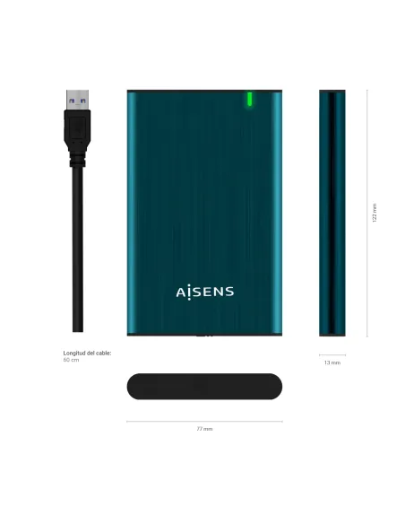 AISENS Caja Externa 2.5" ASE-2525PB 9.5 mm SATA A USB 3.0 USB 3.1 Gen1, Azul Pacifico