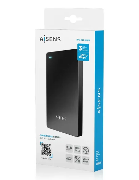 AISENS Caja Externa 2.5″ 9.5mm SATA a USB-C USB3.1 Gen1, Negra
