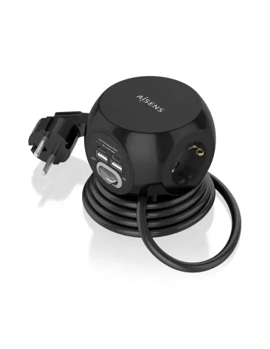 AISENS Regleta de Enchufes Sobremesa Multifuncion con 3 Tomas + 2xUSB-C, 2xUSB-A, 1.4M, Negro