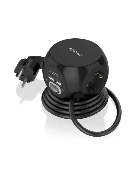 AISENS Regleta de Enchufes Sobremesa Multifuncion con 3 Tomas + 2xUSB-C, 2xUSB-A, 1.4M, Negro