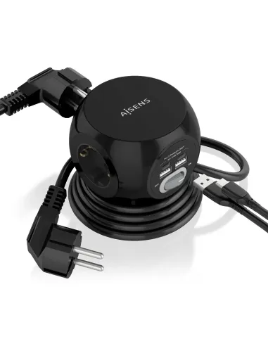 AISENS Regleta de Enchufes Sobremesa Multifuncion con 3 Tomas + 2xUSB-C, 2xUSB-A, 1.4M, Negro