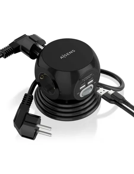 AISENS Regleta de Enchufes Sobremesa Multifuncion con 3 Tomas + 2xUSB-C, 2xUSB-A, 1.4M, Negro
