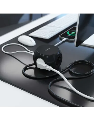 AISENS Regleta de Enchufes Sobremesa Multifuncion con 3 Tomas + 2xUSB-C, 2xUSB-A, 1.4M, Negro