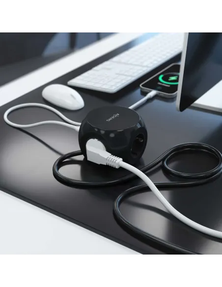AISENS Regleta de Enchufes Sobremesa Multifuncion con 3 Tomas + 2xUSB-C, 2xUSB-A, 1.4M, Negro