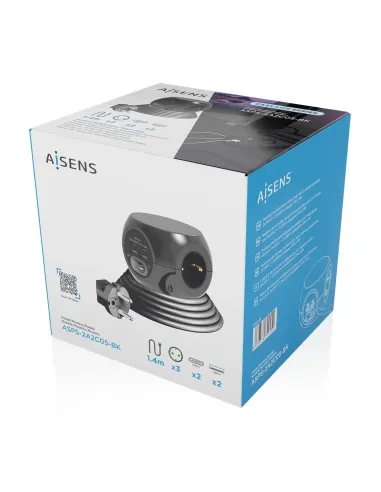 AISENS Regleta de Enchufes Sobremesa Multifuncion con 3 Tomas + 2xUSB-C, 2xUSB-A, 1.4M, Negro