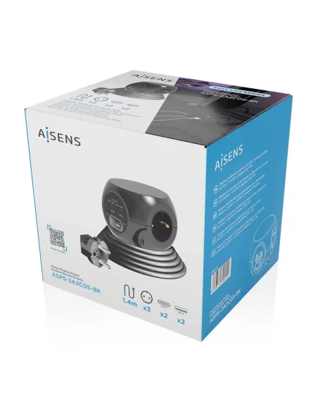 AISENS Regleta de Enchufes Sobremesa Multifuncion con 3 Tomas + 2xUSB-C, 2xUSB-A, 1.4M, Negro
