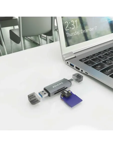 AISENS Lector de Tarjetas SD, Micro SD, MMC, RS-MMC, MMC Micro, USB-A y USB-C, Gris