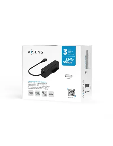 AISENS Adaptador ASE-35C02B SATA a USB-C USB 3.0 USB3.1 GEN1 para Discos Duros 2.5" y 3.5" con Alimentador, Negro