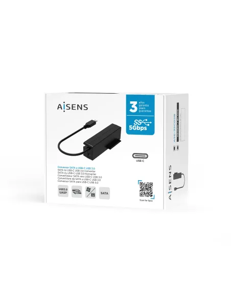 AISENS Adaptador ASE-35C02B SATA a USB-C USB 3.0 USB3.1 GEN1 para Discos Duros 2.5" y 3.5" con Alimentador, Negro