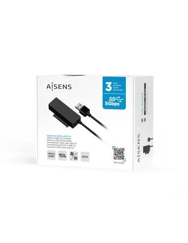 AISENS Adaptador ASE-35A01B SATA a USB-A USB 3.0 USB3.1 GEN1 para Discos Duros 2.5″ y 3.5″ con Alimentador, Negro
