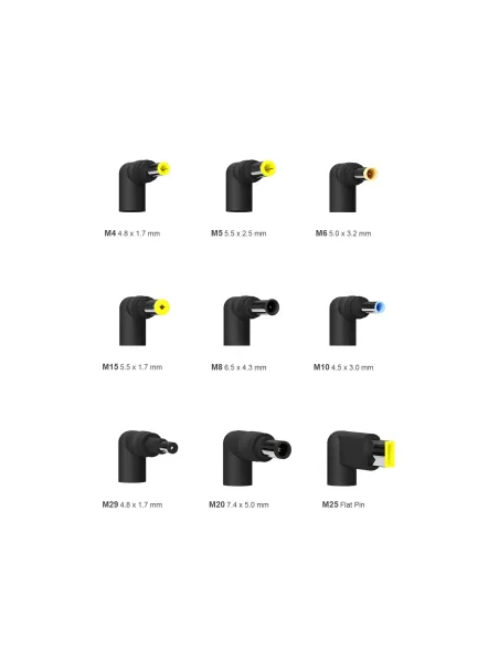 AISENS Cargador 65 W Automatico Universal Multitension Para Portatil Con 9 Conectores + USB-A QC.3.0