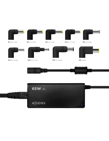 AISENS Cargador 65 W Automatico Universal Multitension Para Portatil Con 9 Conectores + USB-A QC.3.0
