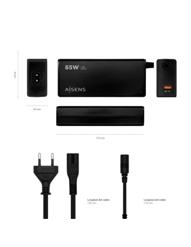 AISENS Cargador 65 W Automatico Universal Multitension Para Portatil Con 9 Conectores + USB-A QC.3.0