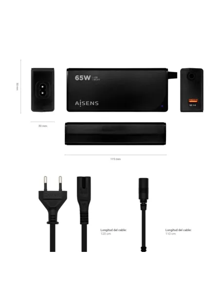 AISENS Cargador 65 W Automatico Universal Multitension Para Portatil Con 9 Conectores + USB-A QC.3.0